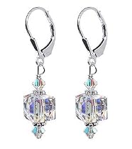 Dazzling Clear Swarovski Cube Crystal Sterling Silver Leverback 1.5" Long Drop Earrings