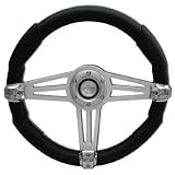 UNIVERSAL 350mm STEERING WHEEL BLACK LEATHER CHROME SPOKES RED STITCHES