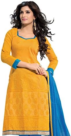 Fabdeal Indian Designer Chanderi cotton Yellow Embroidered Dressmaterial