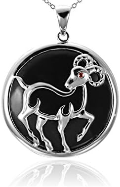 Sterling Silver Pendant Round Black Jade and Garnet Chinese Zodiac Sheep