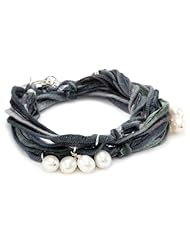 Ettika "Vintage Ribbon" Multi-Blue Wrap Bracelet Silver Pearl Drops
