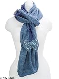 Pretty Denim Blue Colorblock Scarf with Diamante Bow and Lace