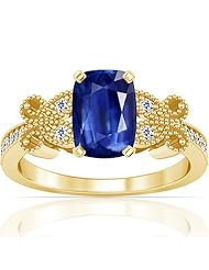 18K Yellow Gold Cushion Cut Blue Sapphire Ring With Sidestones