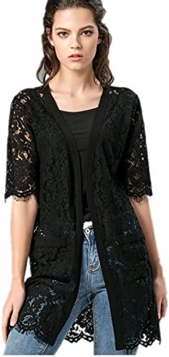 Women's 3/4 Sleeve Hollow Sheer Knit Open Lace Cardigan Top Sun shirt (XL, Black)