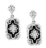 Sterling Art Deco Black Onyx and Diamond Filigree Earrings