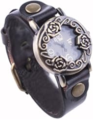 Neewer Womens Fashion Accessories Vintage Carved Engraved Bronzy Rose Leather Wrist Watch Coffee Color
