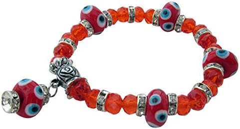 Evil Eye Stretch Charm Bracelet with Red Murano Glass Beads and Zircon Crystals