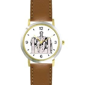 President Abraham Lincoln Memorial Statue American Theme - WATCHBUDDY� DELUXE TWO-TONE THEME WATCH - Arabic Numbers - Brown Leather Strap-Women's Size-Small