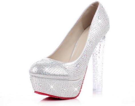 WeiMeap Womens Closed Round Toe High Heel Platform Soft Material PU Solid Pumps with Glass Diamond, Silver, 36