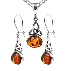 Honey Amber and Sterling Silver Celtic Oval Pendant and Earrings Set, 18"