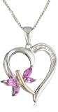  Xpy Sterling Silver and 14k Rose Gold Created Pink Sapphire and Diamond Heart Pendant Necklace Butterfly emphasis, 18 