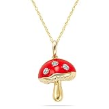 10k Yellow Gold Diamond & Enamel Mushroom Pendant (.01 cttw, I-J Color, I2-I3 Clarity), 18"