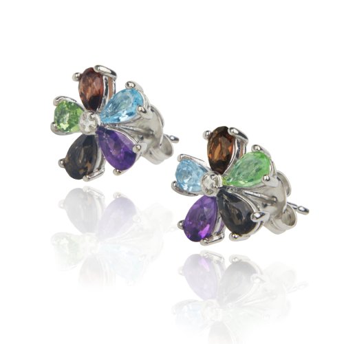 Platinum Plated Sterling Silver Multi-Gemstone Diamond Accent Flower Earrings