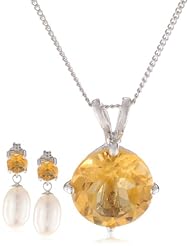 5-8mm Round Citrine Sterling Silver and Freshwater Cultured Pearl Orange Jewelry Set