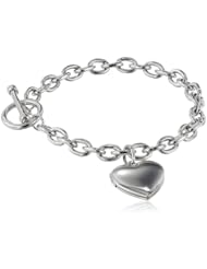 Sterling Silver Toggle Bracelet with Heart Polished Locket, 8"