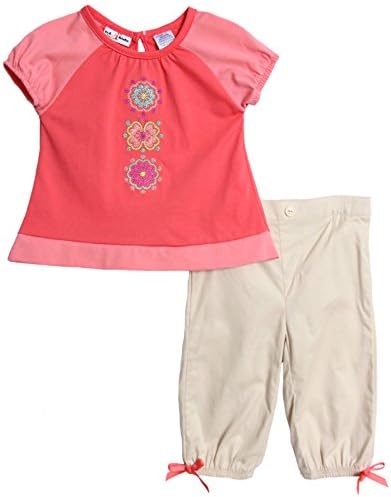 BT Kids Baby Girls' 2 Piece Coral Embroidered Top Khaki Capri Pants Set