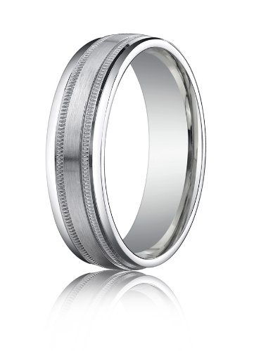 (Lifetime Guarantee) 18k White Gold Wedding Band Ring, Comfort Fit Satin Center Milgrain, 6mm wide