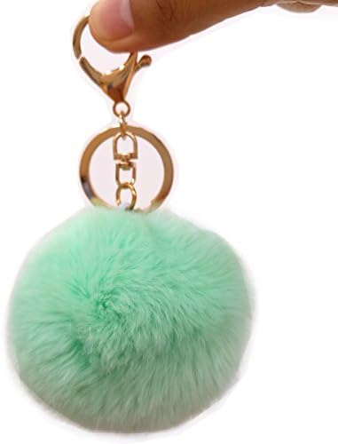 18 K Gold Plated Keychain with Real Rabbit Fur Ball Keychain for Car Key Ring Handbag Tote Bag 8CM 3.1IN (Light Green)