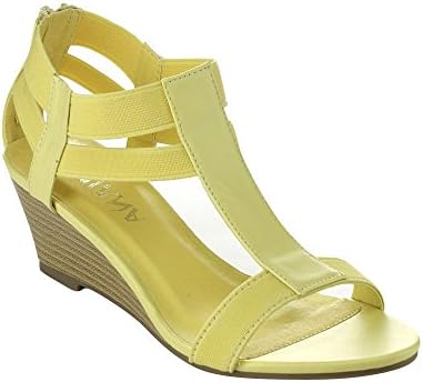 DIVIANA NICKI-19 Women's Elastic T-strap Back Zip Wedge Sandals,YELLOW,8.5