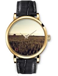 SPRAWL Aanalog Fashion Series Gold Ladies Watches of Genuine Black Leather Strap,Unique Wrist Watch for Women Girls Designed with Footprints in the sand