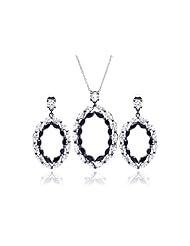 Nickel Free Sterling Silver Pendant & Earring Sets Open Oval Black And Clear CZ Set
