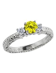 0.79 Ct Round Canary and G/H Diamond 925 Sterling Silver 3-Stone Ring