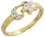 14k Gold Crescent Moon & Star Diamond Ring, w/ 0.10 Carat Brilliant Cut Diamonds, 1/4 (6mm) wide