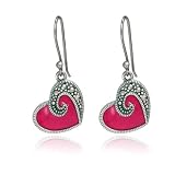 Sterling Silver Marcasite and Red Enamel Heart Wire Earrings