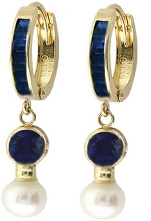 14k Gold Hoop Huggie Earrings with Genuine Pearls & Sapphires