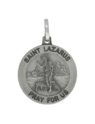 Sterling Silver Saint Lazarus Medal 3/4 inch Round Made in Italy, Free 24 inch Surgical Steel Chain