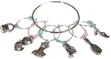 Silver Tone Wine Glass Charms set~ Girly Accessory Themed~ Handbag, High Heel Shoe, Hair Brush, Perfume Atomizer Bottle, Dress, Compact