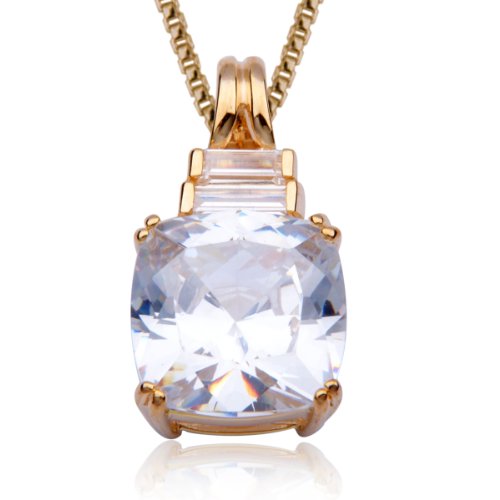 18k Yellow Gold Plated Sterling Silver Large Square with Straight Baguette Cubic Zirconia Pendant, 18"