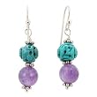 Carved Turquoise and Amethyst Gemstone Bead Dangle Earrings on a Hill Tribe Silver Earwire, #7496