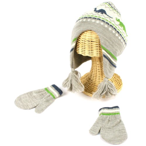 Winter Boys 2-4 Knit Dinosaur Ski Trapper Beanie Hat with Mittens Gloves Set Gray