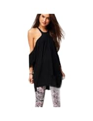 Apparel: Womens High Neck Slash Cut-out Shoulder Round Neckline T-shirt Tops (US12, Black)