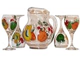 ArtisanStreets Sangria Wine Set. Hand Painted 5-Piece Hand Painted Set Features Pitcher And Four Glasses. Design Of Colorful Fruit Includes Cherries, Peaches, Pears Apples. Made To Order, Signed By Artisan.