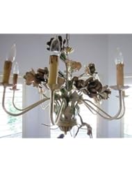 Single Detail Page Misc: Shabby Vintage Soft Pink 8 Arm Metal Flower Hanging Lamp Chandelier Italy Tole - gojantina