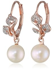 Pink Gold Plated Sterling Silver 7.5-8mm Freshwater Cultured Pearl and Diamond Drop Earrings, (0.1 cttw, G-H Color, I2-I3 Clarity)