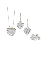 14k Yellow Gold and Sterling Silver Diamond Heart Jewelry Set