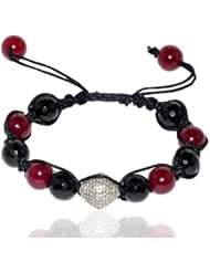 Sterling Silver Cz Beads Red Jade Cabochon And Black Onyx Faceted Gemstone Macrame Bracelet Jewelry