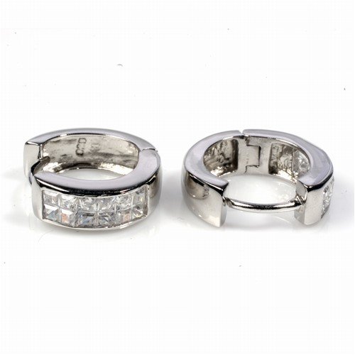 Sterling Silver Huggie Hoop Earrings with Clear CZ - Size: 5mm x 16mm