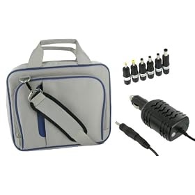 PCMS 2n1 Combo - Acer AOD250-1383 10.1-Inch Netbook Carrying Bag with 12v Car Charger - Pinn Series Silver / Blue