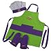 Curious Chef, Apron, Oven Mitts and Hat for Children, Green Apron Purple Trim
