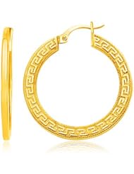 14K Yellow Gold Greek Key Large Hoop Earrings with Flat Sides