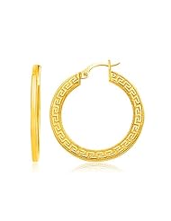 14K Yellow Gold Greek Key Large Hoop Earrings with Flat Sides