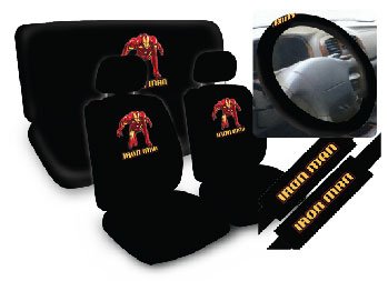  11pc Iron MAN Marvel Comics Superhero Low Back Seat Covers with Head Rest Covers, Bench Cover and Steering Wheel Cover with Shoulder Pads Licensed and Rare Product