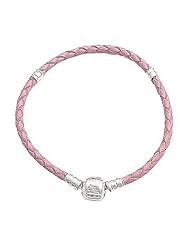 Hidden Gems (SB1009) 20cm Sterling Silver Snake Bracelet in Braided Pink Leather, Will Fit pandora/chamilia/troll type Beads and Charms