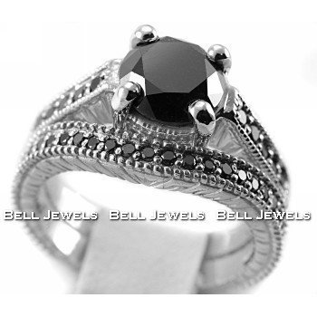 3.20ct Fancy-Black Diamond Engagement & Wedding Ring Band Set 14k White Gold Antique Style