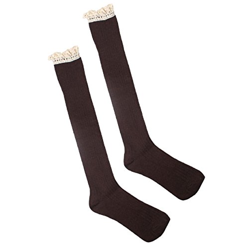 ABC(TM) Women Crochet Lace Trim Cotton Knit Footed Leg Boot Knee High Stocking (Coffee)