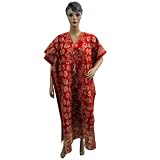 Evening Dress Womens Floral Print Cotton Caftan Kaftan Red Resort Wear